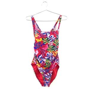 Caribbean Joe Floral Red Tropical Print One Piece Bathing Swim Suit